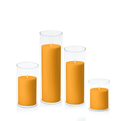 Orange 7cm Pillar in 8cm Glass Set - Sm