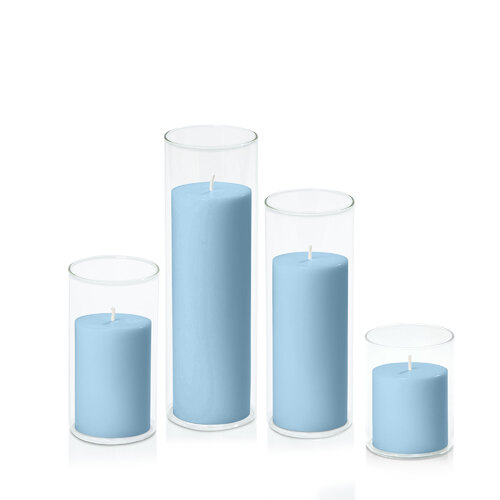 Pastel Blue 7cm Pillar in 8cm Glass Set - Sm