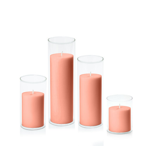 Peach 7cm Pillar in 8cm Glass Set - Sm