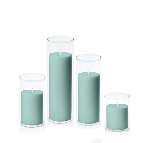 Sage Green 7cm Pillar in 8cm Glass Set - Sm