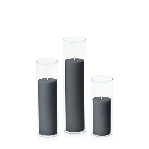Charcoal 5cm Pillar in 5.8cm Glass Set - Lg
