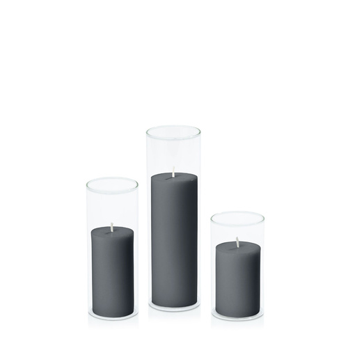 Charcoal 5cm Pillar in 5.8cm Glass Set - Med