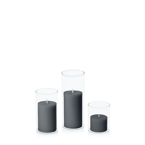 Charcoal 5cm Pillar in 5.8cm Glass Set - Sm