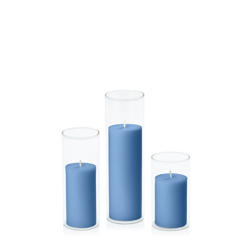 Dusty Blue 5cm Pillar in 5.8cm Glass Set - Med