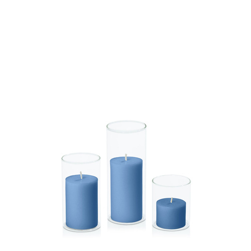 Dusty Blue 5cm Pillar in 5.8cm Glass Set - Sm