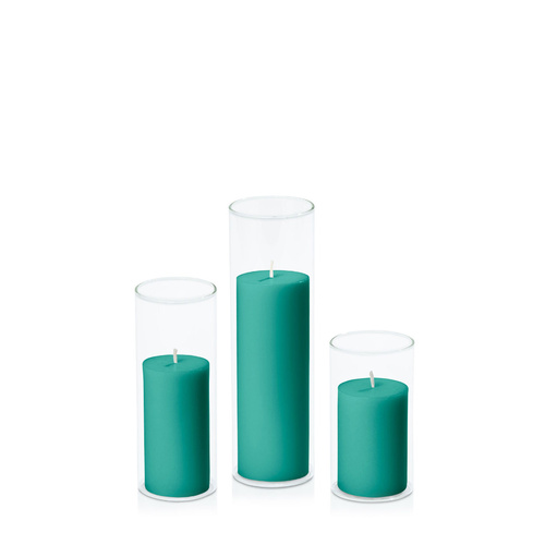 Emerald Green 5cm Pillar in 5.8cm Glass Set - Med