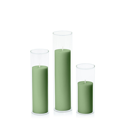 Green 5cm Pillar in 5.8cm Glass Set - Lg