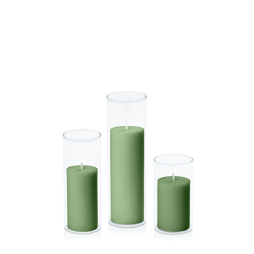 Green 5cm Pillar in 5.8cm Glass Set - Med