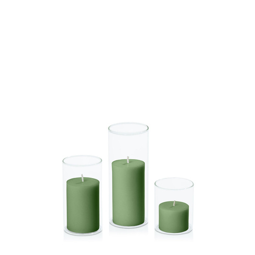 Green 5cm Pillar in 5.8cm Glass Set - Sm