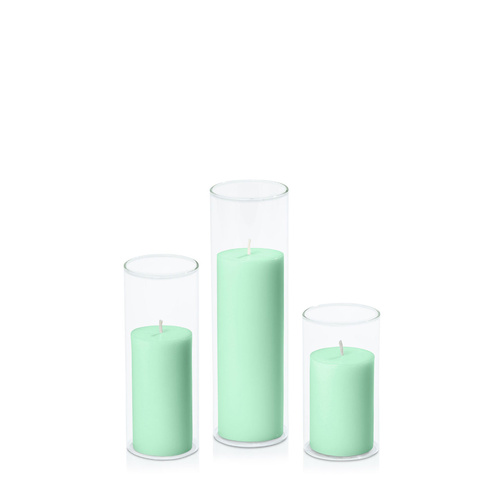 Mint Green 5cm Pillar in 5.8cm Glass Set - Med