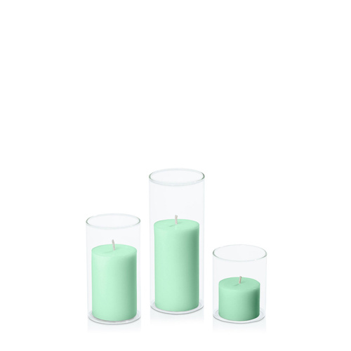 Mint Green 5cm Pillar in 5.8cm Glass Set - Sm