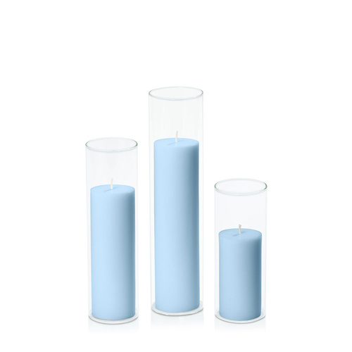 Pastel Blue 5cm Pillar in 5.8cm Glass Set - Lg