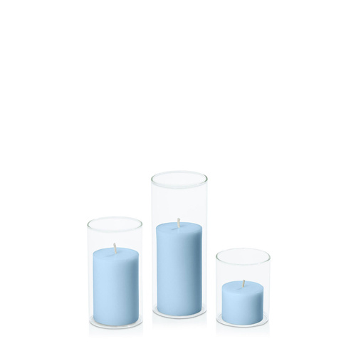 Pastel Blue 5cm Pillar in 5.8cm Glass Set - Sm