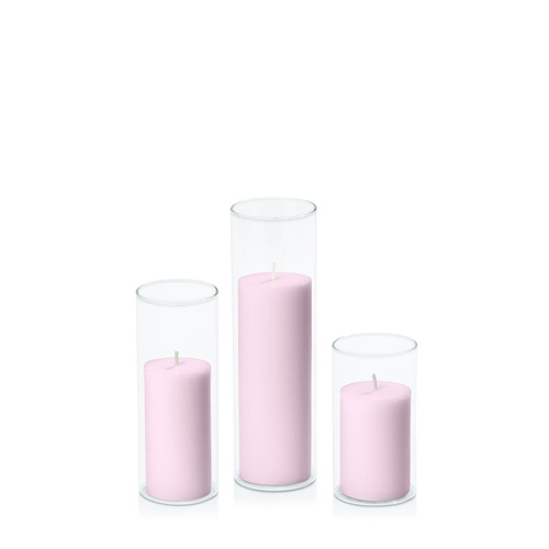 Pastel Pink 5cm Pillar in 5.8cm Glass Set - Med