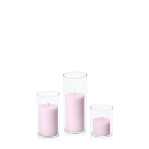 Pastel Pink 5cm Pillar in 5.8cm Glass Set - Sm