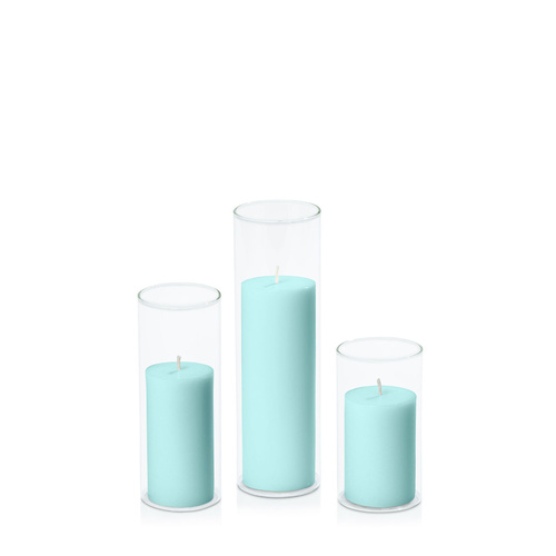 Pastel Teal 5cm Pillar in 5.8cm Glass Set - Med