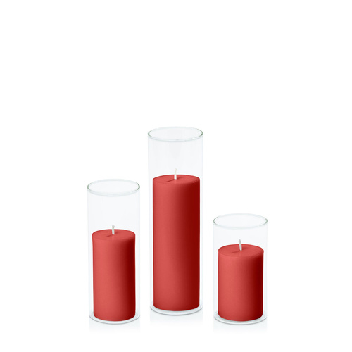 Red 5cm Pillar in 5.8cm Glass Set - Med
