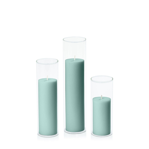 Sage Green 5cm Pillar in 5.8cm Glass Set - Lg