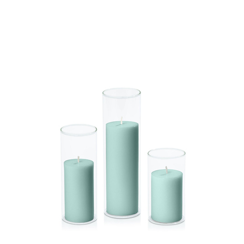 Sage Green 5cm Pillar in 5.8cm Glass Set - Med