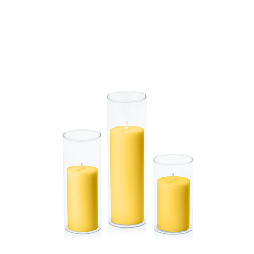 Yellow 5cm Pillar in 5.8cm Glass Set - Med