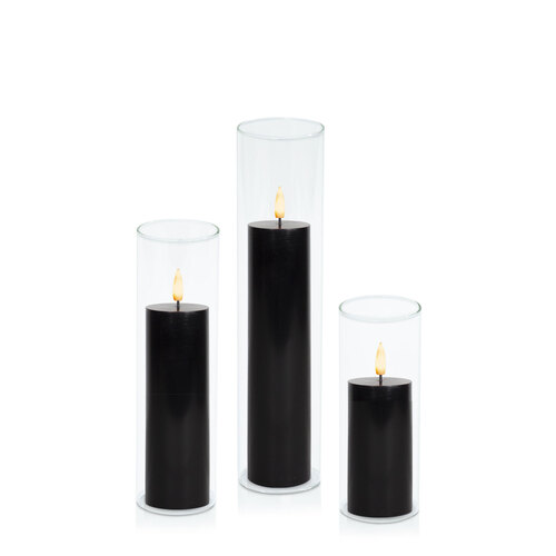 Black 5cm LED Pillar in 5.8cm Glass, Pack of 6 Lg Sets