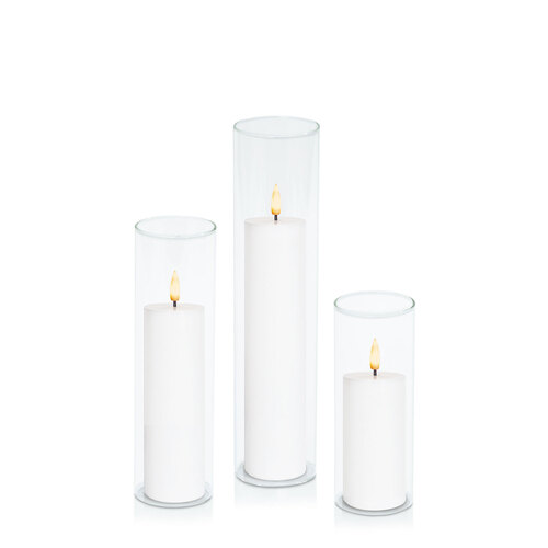 White 5cm LED Pillar in 5.8cm Glass, Pack of 6 Lg Sets