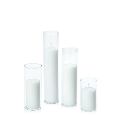White 5cm Event Pillar in 5.8cm Glass, Pack of 6 Med Sets
