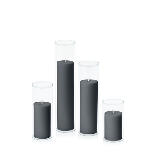 Charcoal 5cm Pillar in 5.8cm Glass Set - Med