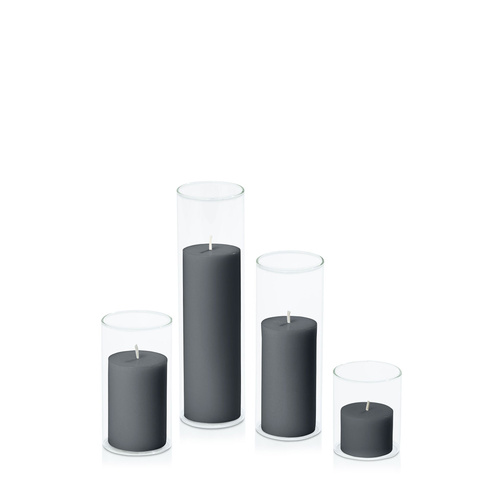 Charcoal 5cm Pillar in 5.8cm Glass Set - Sm