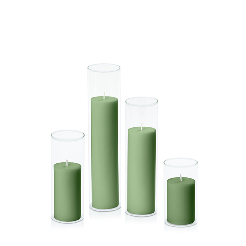 Green 5cm Pillar in 5.8cm Glass Set - Med