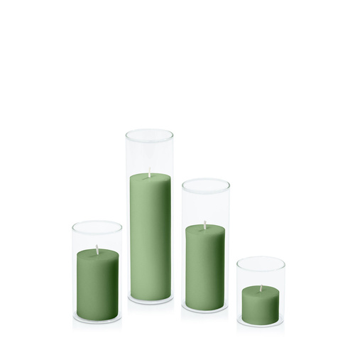 Green 5cm Pillar in 5.8cm Glass Set - Sm