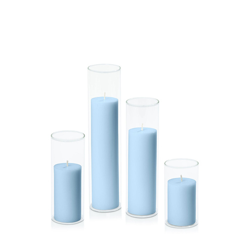 Pastel Blue 5cm Pillar in 5.8cm Glass Set - Med