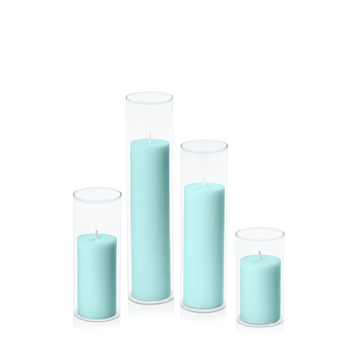 Pastel Teal 5cm Pillar in 5.8cm Glass Set - Med