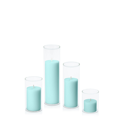 Pastel Teal 5cm Pillar in 5.8cm Glass Set - Sm