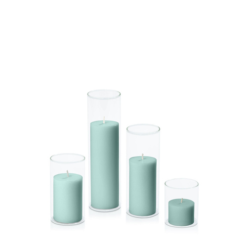 Sage Green 5cm Pillar in 5.8cm Glass Set - Sm