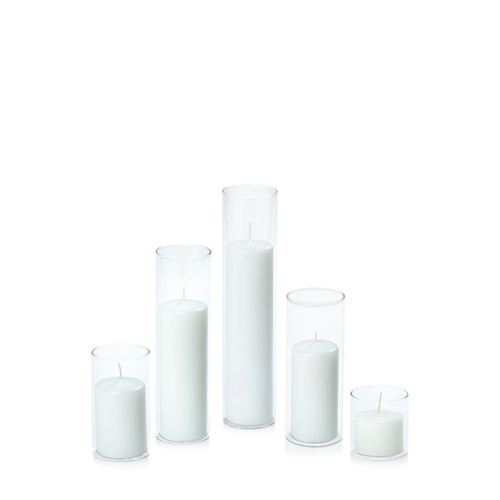 White 5cm Event Pillar in 5.8cm Glass, Pack of 6 Sm Sets