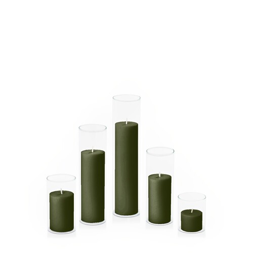 Olive 5cm Pillar in 5.8cm Glass Set - Sm