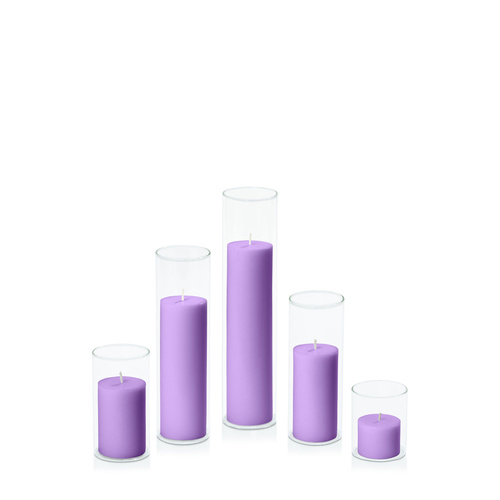 Purple 5cm Pillar in 5.8cm Glass Set - Sm