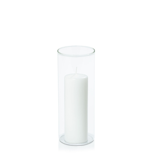 White 5cm x 15cm Event Pillar in 8cm x 20cm Glass, Pack of 24