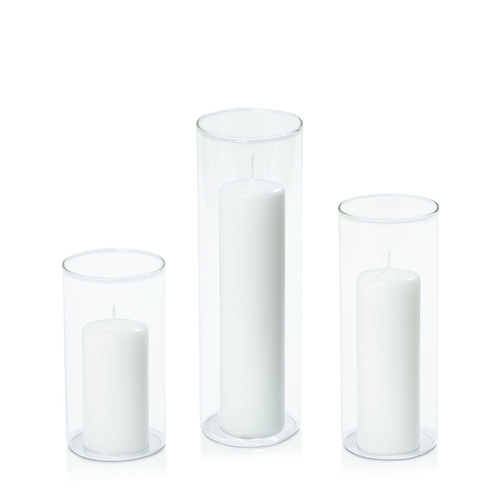 White 5cm Event Pillar in 8cm Glass, Pack of 6 Med Sets